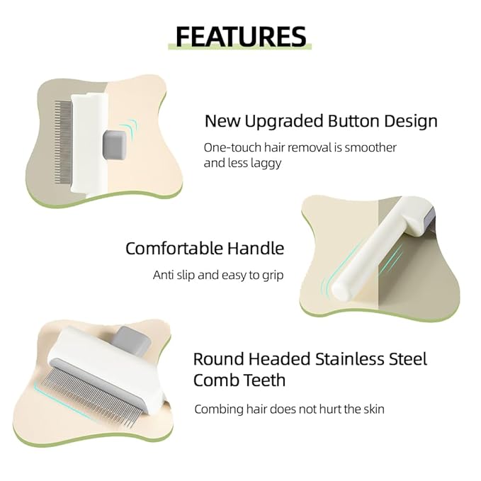 Marchul 2Pcs Pet Comb Flea Comb Set for Cats Dogs, Cat Grooming Brush with Release Button and Stainless Steel Round Teeth, Self-Cleaning Dog Combs for Removing Pet Hair, Knots &amp; Loose Fur, White