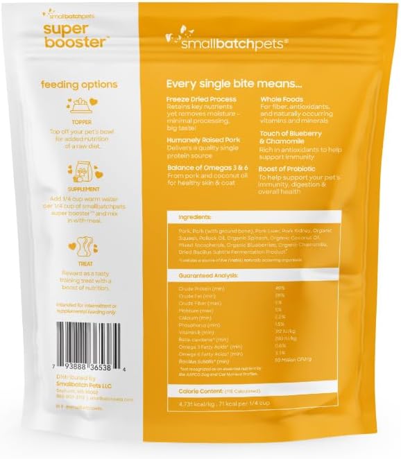 smallbatch Freeze Dried Dog Treats, Superfood Food Topper Pork Bites for Dogs &amp; Cats, Probiotics, Organic Ingredients, High Protein, Grain Free Healthy Treat &amp; Food Topper, Made in The USA, 7 oz Bag