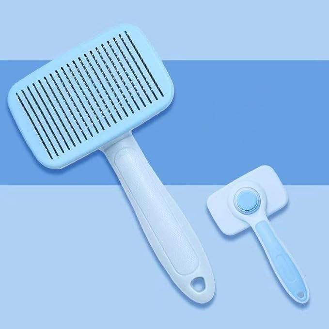 Self‑Cleaning Pet Grooming Brush (Blue) – One‑Click Fur Release, Soft Rounded Bristles, Ergonomic Non‑Slip Handle, Safe &amp; Gentle Deshedding Tool for Dogs &amp; Cats