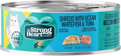 A Strong Heart Canned Wet Cat Food, Shreds with Ocean Whitefish &amp; Tuna - 5.5 oz Cans (Pack of 24), Made in The USA with Real Ocean Whitefish &amp; Tuna