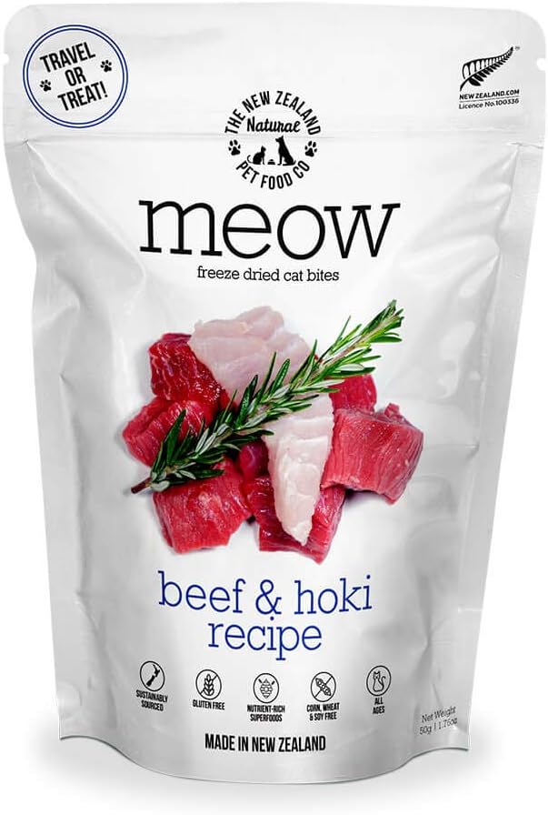 Meow Freeze Dried Cat Food - Beef &amp; Hoki Recipe, High Protein Cat Treats, Meals &amp; Toppers, Dry Cat Food,1.76 oz