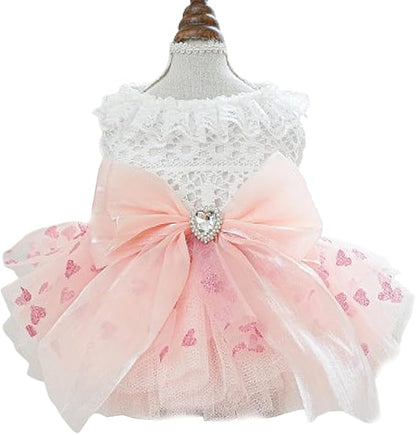 Dog Princess Dress with Heart Patterns &amp; Bow Puppy Clothes for Small Dogs Girl Fancy Cat Birthday Outfit Pet Wedding Dresses (Pink White, Small)