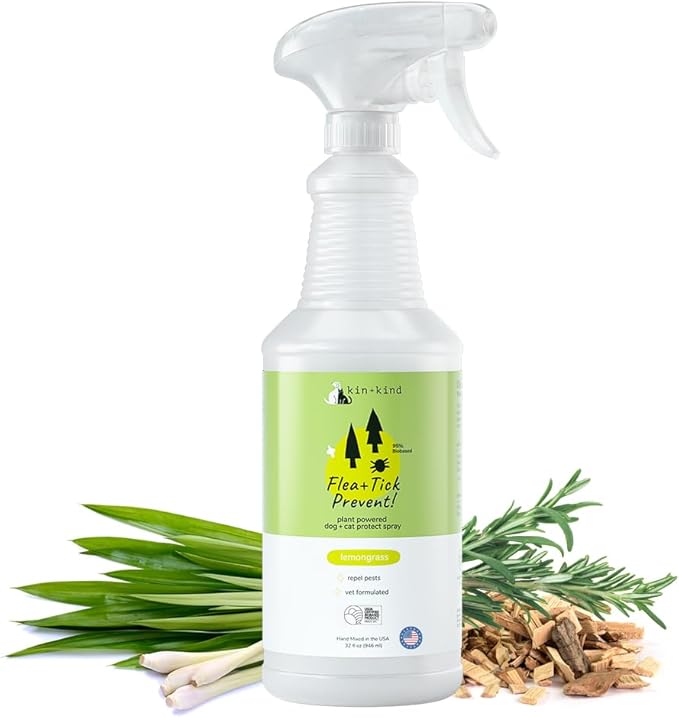 kin+kind Plant Based Flea and Tick Spray for Dogs and Cats – Essential Oil Formula with Lemongrass – Flea and Tick Prevention for Cats, Kittens, Puppies &amp; Dogs - Pet Supplies - Family Safe – 32 fl oz