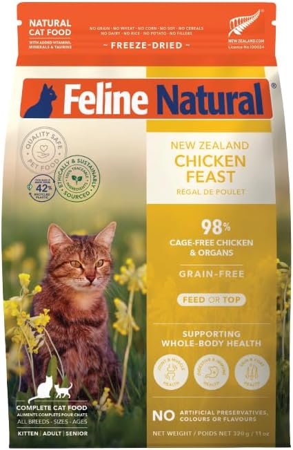 Feline Natural High Protein Dry Cat Food, Freeze-Dried Diet with 98% Meat, Organs &amp; Seafood, No Peas, Grains, or Artificial Additives, Made in New Zealand, Chicken, 11oz