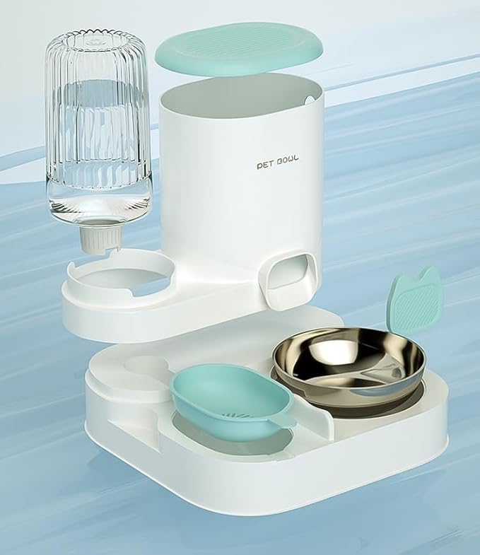 Automatic Cat Feeder &amp; Water Dispenser - Dual Container for Dry/Wet Food, Two-in-One Upgraded Gravity Feeder and Water Dispenser Combo Set for Cats and Dogs.(Green)