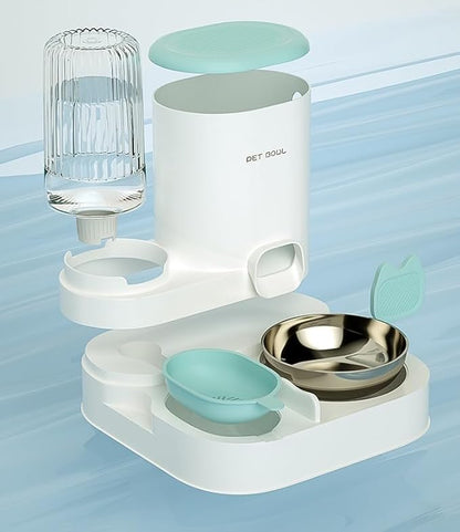 Automatic Cat Feeder &amp; Water Dispenser - Dual Container for Dry/Wet Food, Two-in-One Upgraded Gravity Feeder and Water Dispenser Combo Set for Cats and Dogs.(Green)