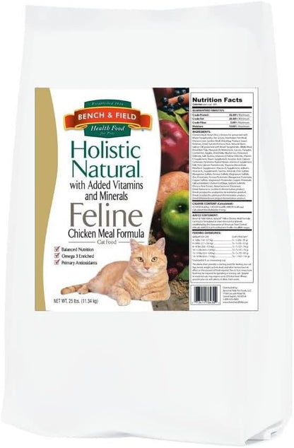 Bench &amp; Field Holistic Natural Premium Adult Dry Cat Food, Chicken Meal and Brown Rice Recipe 25 lb Bag (Pack of 1)