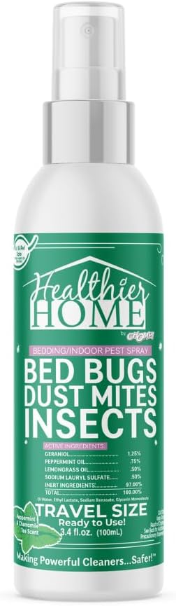 CHOMP! Travel Size Bed Bug &amp; Insect Repellent, Natural, TSA Approved Indoor Pest Control Spray for Travel &amp; Home, Plant-Based Dust Mite, Ant, Spider, Fly Killer, Peppermint Scent, 3.4 Fl Oz