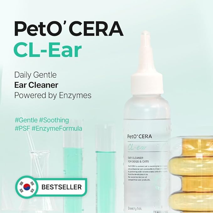 PetO’Cera CL’Ear Ear Cleaner for Dogs &amp; Cats with 52% Hinoki Cypress Water, Soothes Itching &amp; Irritation, Cleans &amp; Deodorizes, Alcohol-Free &amp; Gentle Formula, Korean Pet Care (4 fl oz/120ml)