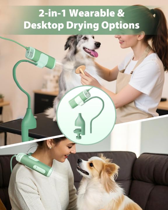 2-in-1 Hands-Free Dog Hair Dryer with Table Clamp – Low Noise Pet Grooming Dryer for Dogs &amp; Cats, Adjustable Heat &amp; Speed, Wearable or Desktop Use(Green)