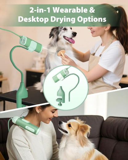 2-in-1 Hands-Free Dog Hair Dryer with Table Clamp – Low Noise Pet Grooming Dryer for Dogs &amp; Cats, Adjustable Heat &amp; Speed, Wearable or Desktop Use(Green)