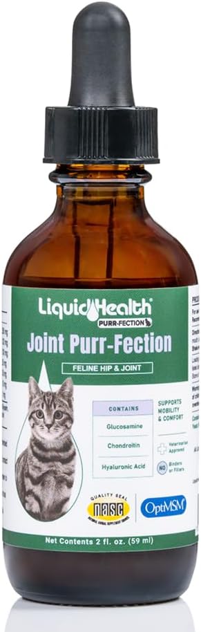 LIQUIDHEALTH Pets Liquid Cat Glucosamine Joint Purr-Fection - Hip &amp; Joint Health Relief Support, Chondroitin Feline Droppers for Senior Older Adult Cats &amp; Kittens - Made in The USA (2 oz)