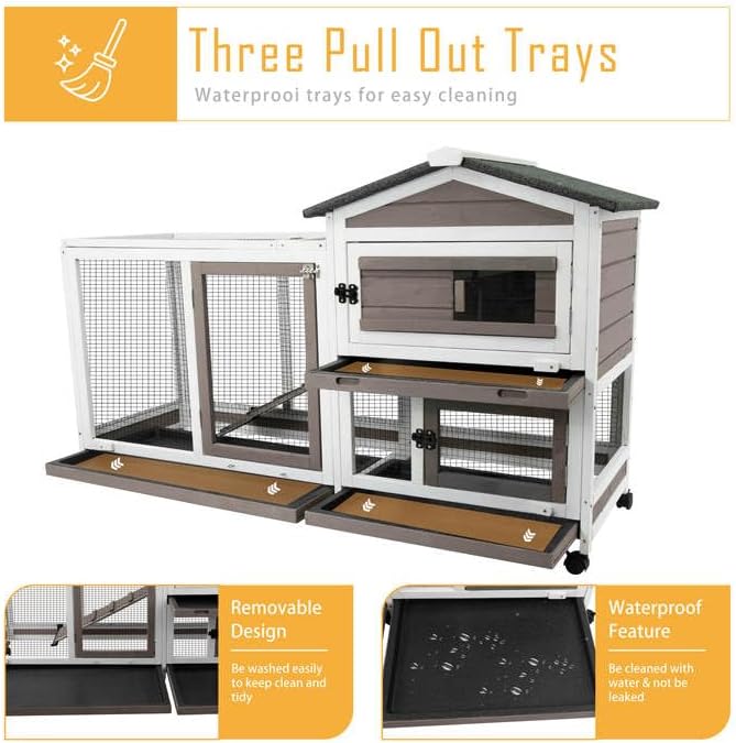 57" L Rabbit Hutch Indoor Outdoor 2 Story Large Bunny Hutch with Run Guinea Pig Cage Wooden Rabbit Cage with Removable 3 Pull Out Trays Pet House for Small-Medium Animals