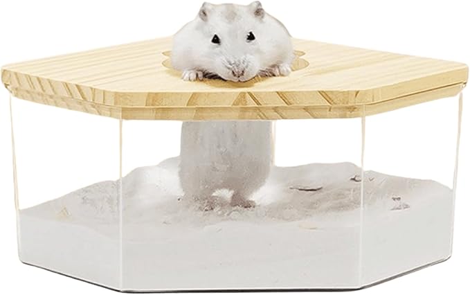 Hamster Sand Bath Box Container, Small Pet Sandbox Lid Design Wooden Sandbox Dust Bath, Transparent Bathroom &amp; Digging Box Acrylic Syrian Hamster Litter Box Small Animal Accessories (D Large)
