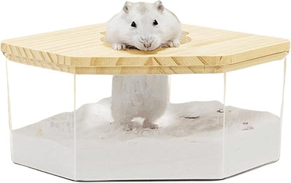 Hamster Sand Bath Box Container, Small Pet Sandbox Lid Design Wooden Sandbox Dust Bath, Transparent Bathroom &amp; Digging Box Acrylic Syrian Hamster Litter Box Small Animal Accessories (D Large)