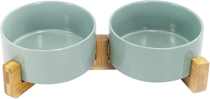 SPUNKYJUNKY Ceramic Dog and Cat Bowl Set with Wooden Stand, Modern Cute Weighted Food Water Set for Small Size Dogs (13.5OZ) &amp; Medium Sized Dogs (28.7OZ) &amp; Cats (3.6 Cups, 2 × Morandi Green)