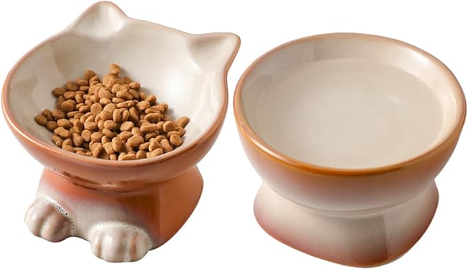 Nihow Elevated Cat/Dog Bowls Set : 5 Inch Ceramic Raised Cat Food &amp; Water Bowl Set for Protecting Pet&