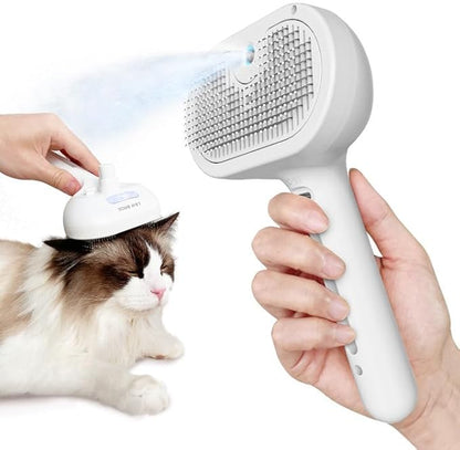 L&amp;W BROS. Steam Grooming Brush for Shedding and Detangling – Self-Cleaning Steamy Pet Brush with Mist Spray for Long-Haired Cats and Small Dogs (White)