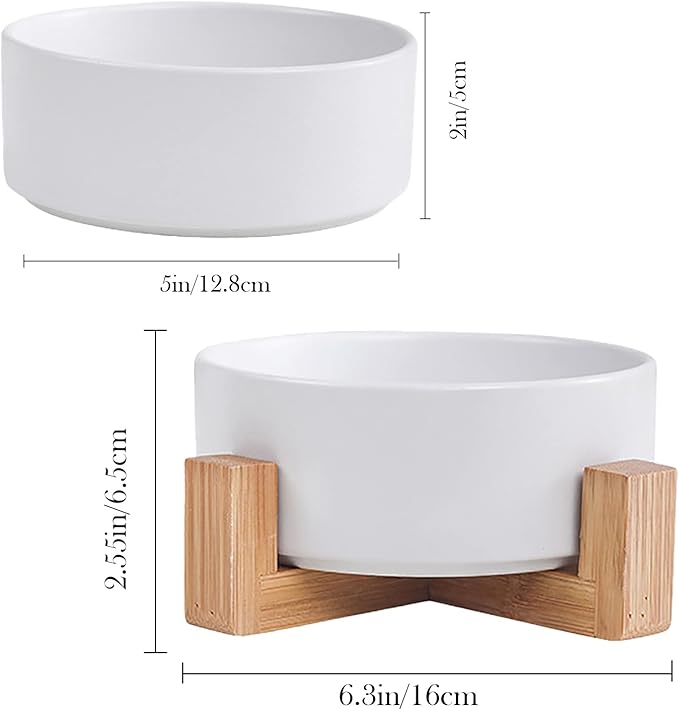 Ceramic Dog Cat Bowl with Wood Stand,Cat Food &amp; Water Bowls Elevated Non-Spill Modern Cute Kitty Dishes Heavy Weighted Round Pet Dishes Set for Kitten Small Cat(White)