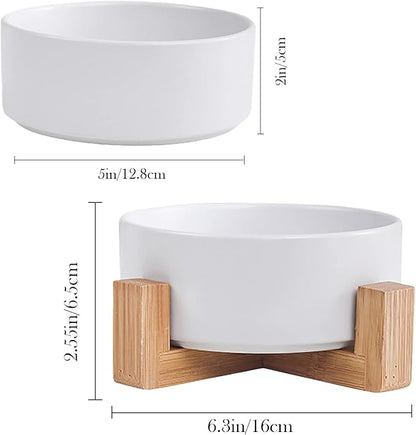Ceramic Dog Cat Bowl with Wood Stand,Cat Food &amp; Water Bowls Elevated Non-Spill Modern Cute Kitty Dishes Heavy Weighted Round Pet Dishes Set for Kitten Small Cat(White)