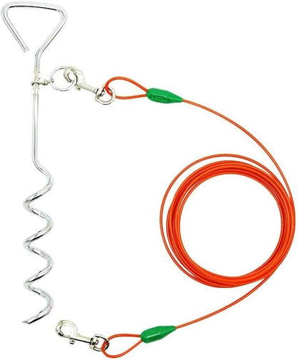 Petest 16 Inch Spiral Stake with 15ft Tie-Out Cable for Medium Dogs Up to 60 Pounds DarkGreen &amp; Orange