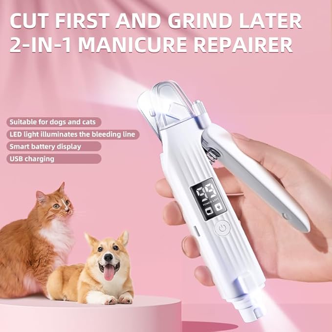 2-in-1 Dog Nail Trimmers &amp; Dog Nail Grinder with 2 LED Lights, USB Rechargeable, Cat Nail Clipper with Splash Guard, and Multiple Grinding Methods for Small, Medium, and Large Dogs &amp; Cats