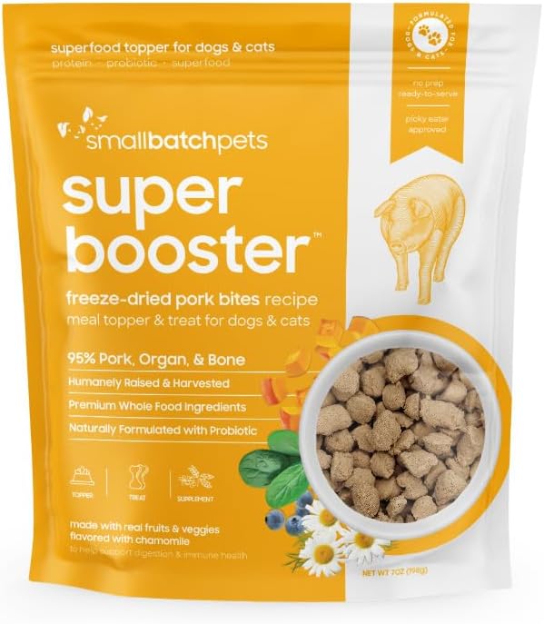 smallbatch Freeze Dried Dog Treats, Superfood Food Topper Pork Bites for Dogs &amp; Cats, Probiotics, Organic Ingredients, High Protein, Grain Free Healthy Treat &amp; Food Topper, Made in The USA, 7 oz Bag
