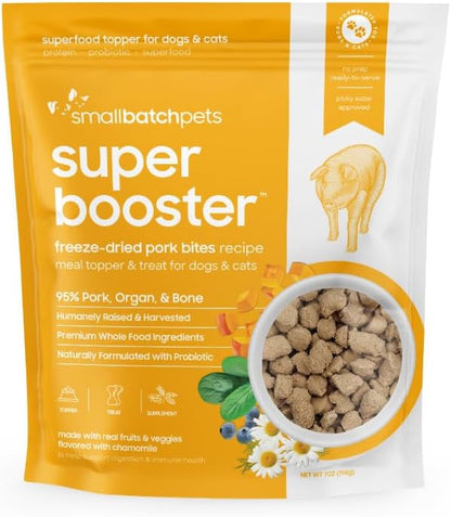 smallbatch Freeze Dried Dog Treats, Superfood Food Topper Pork Bites for Dogs &amp; Cats, Probiotics, Organic Ingredients, High Protein, Grain Free Healthy Treat &amp; Food Topper, Made in The USA, 7 oz Bag