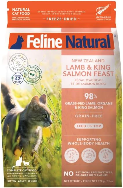 Feline Natural High Protein Dry Cat Food, Freeze-Dried Diet with 98% Meat, Organs &amp; Seafood, No Peas, Grains, or Artificial Additives, Made in New Zealand, Lamb &amp; King Salmon, 11oz