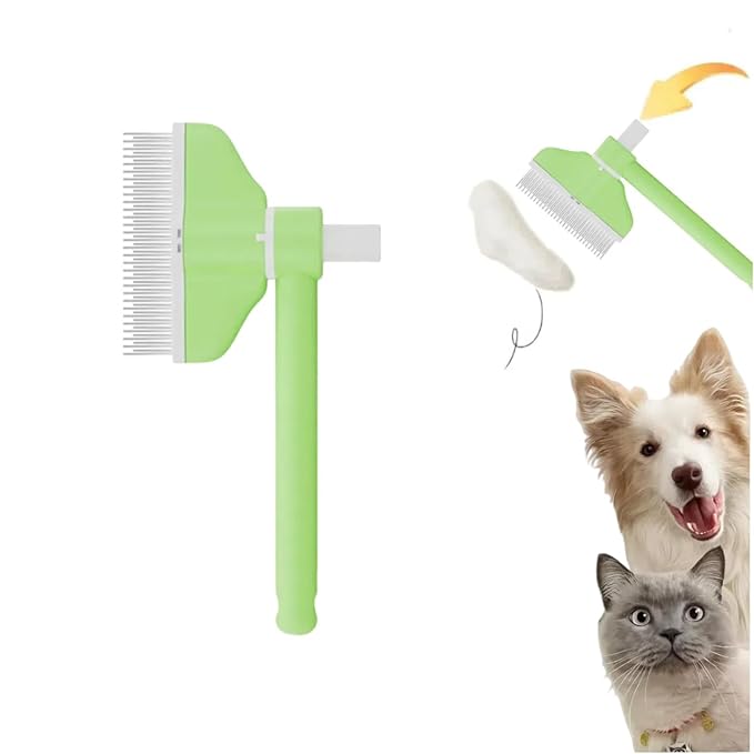 360° Press and Rotate Flea Comb for Cats and Dogs - Self-Cleaning Pet Hair Removal Tool with Release Button &amp; Long-Short Stainless Steel Teeth for Shedding (Green)