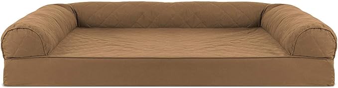 Furhaven Cooling Gel Dog Bed for Large Dogs w/ Removable Bolsters &amp; Washable Cover, For Dogs Up to 95 lbs - Quilted Sofa - Toasted Brown, Jumbo/XL