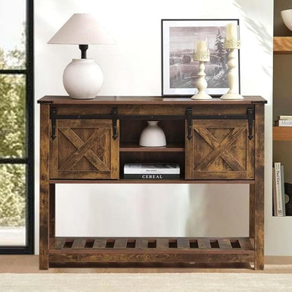 Entryway Table with Storage, Farmhouse Buffet Cabinet Coffee Bar Kitchen Island with Sliding Barn Doors &amp; Shelves, Console Table for Kitchen, Dining Room, Living Room, Brown