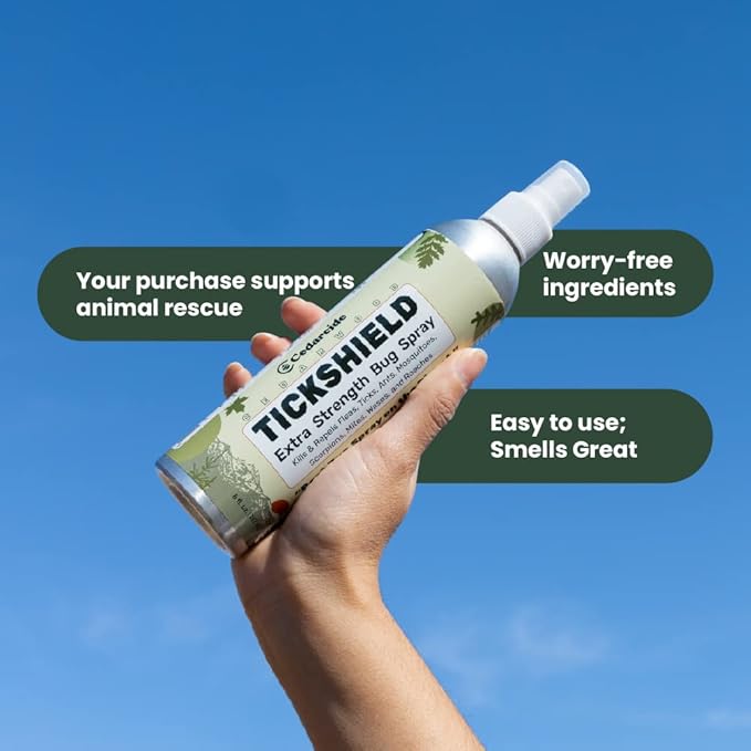 Cedarcide Extra- Strength Tickshield | Deep Woods Cedar Oil Tick &amp; Mosquito Repellent Spray Kills &amp; Repels Ticks, Fleas, Chiggers and Mosquitoes| For People &amp; Pets | Natural Essential Oils | 4 Oz