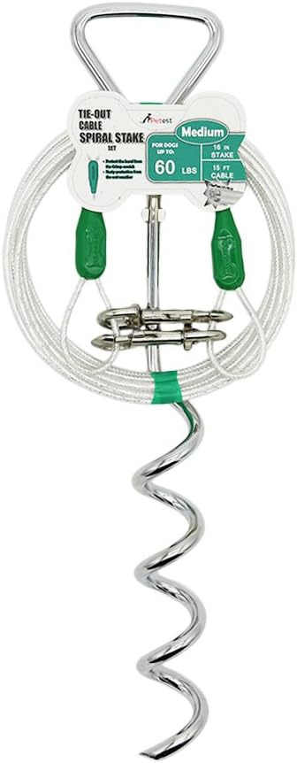 Petest 16 Inch Spiral Stake with 15ft Reflective Tie-Out Cable for Medium Dogs Up to 60 Pounds DarkGreen &amp; Silver
