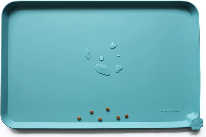 Hoki Found Silicone Pet Food Mats Tray - Non Slip Cat &amp; Dog Bowl Mats - Waterproof &amp; Pet-Friendly for Carpet - Glacier