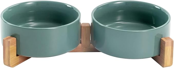 SPUNKYJUNKY Ceramic Dog and Cat Bowl Set with Wooden Stand, Modern Cute Weighted Food Water Set for Small Size Dogs (13.5OZ) &amp; Medium Sized Dogs (28.7OZ) &amp; Cats (1.7 Cups, 2 × Morandi Green)