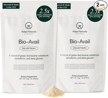Adapt Naturals Colostrum Supplement with Lactoferrin &amp; Beta-Glucan, Bio-Avail Grass Fed Bovine Colostrum Powder for Gut Health, Immune Support &amp; Vitality | Non-GMO, 2500mg, Unflavored - 60 Days Supply