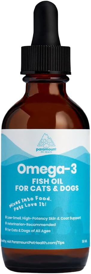 Wild-Caught Omega 3 Fish Oil for Dogs &amp; Cats, Liquid EPA DHA Supplement for Skin, Coat, Joints &amp; Heart, Low-Odor Omega 3 Drops for Small Dog Breeds &amp; Cats with Itchy Skin, 2 oz