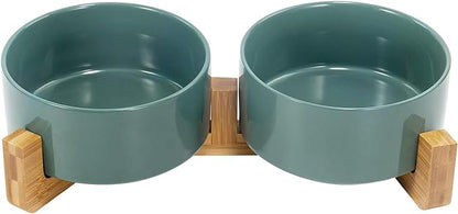 SPUNKYJUNKY Ceramic Dog and Cat Bowl Set with Wooden Stand, Modern Cute Weighted Food Water Set for Small Size Dogs (13.5OZ) &amp; Medium Sized Dogs (28.7OZ) &amp; Cats (3.6 Cups, 2 × Light Green)