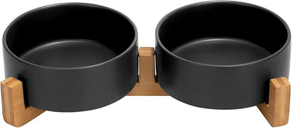 SPUNKYJUNKY Ceramic Dog and Cat Bowl Set with Wooden Stand, Modern Cute Weighted Food Water Set for Small Size Dogs (13.5OZ) &amp; Medium Sized Dogs (28.7OZ) &amp; Cats (1.7 Cups, 2 × Black)