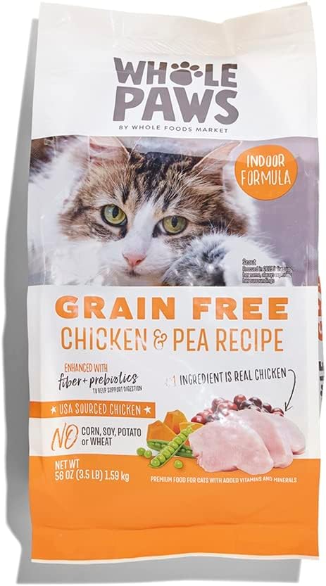 Whole Paws, Grain-Free Dry Cat Food, Chicken &amp; Pea Recipe, Enhanced with Fiber &amp; Prebiotics, Indoor Formula, 3.5 lb