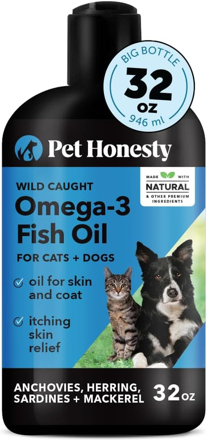 Omega 3 Fish Oil Supplement for Dogs &amp; Cats (32oz), Wild Caught Omega 3 Fish Oil for Skin and Coat Health, Supports Shedding, Skin &amp; Coat, Immunity, Joint, Brain &amp; Heart, EPA + DHA