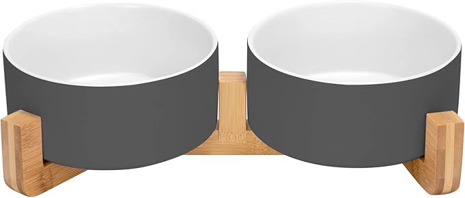 SPUNKYJUNKY Ceramic Dog and Cat Bowl Set with Wooden Stand, Modern Cute Weighted Food Water Set for Small Size Dogs (13.5OZ) &amp; Medium Sized Dogs (28.7OZ) &amp; Cats (3.6 Cups, 2 × White-Grey)