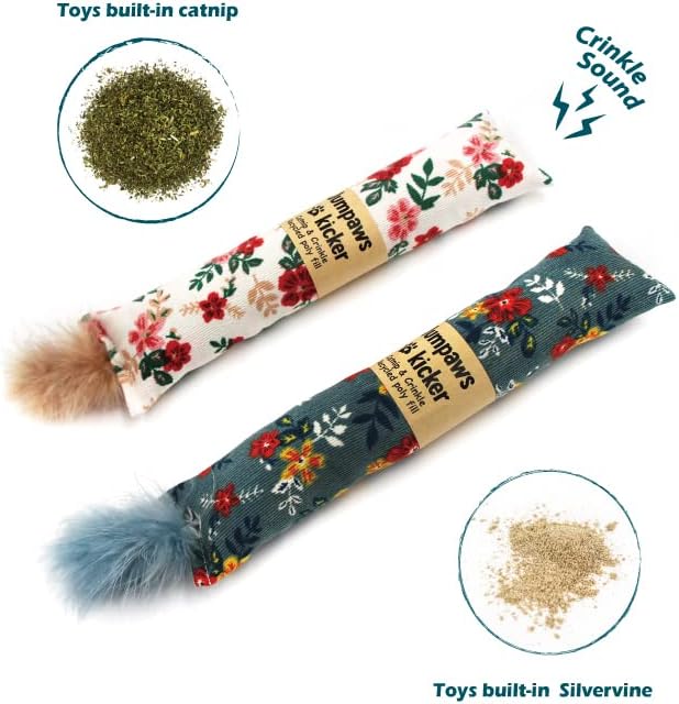 2 Pack Natural Interactive Catnip &amp; Silvervine Cat Kicker with Feathers, Bite Resistant Chew Toy, Crinkle Kicker, Accessories for Indoor Cat, Premium Corduroy Floral