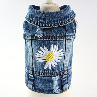 Dog Denim Jacket with Embroidered Daisy, Ripped Vintage Jean Vest for Small Dogs, Pugs, Chihuahuas, Spring Summer Autumn Festival Outfit