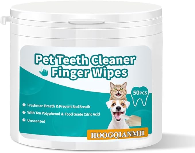 Pet Dental Finger Wipes for Dogs &amp; Cats | Teeth Cleaning Wipes with Natural Formula | Remove Plaque &amp; Tartar | Fresh Breath, Safe &amp; Gentle (50 Count)