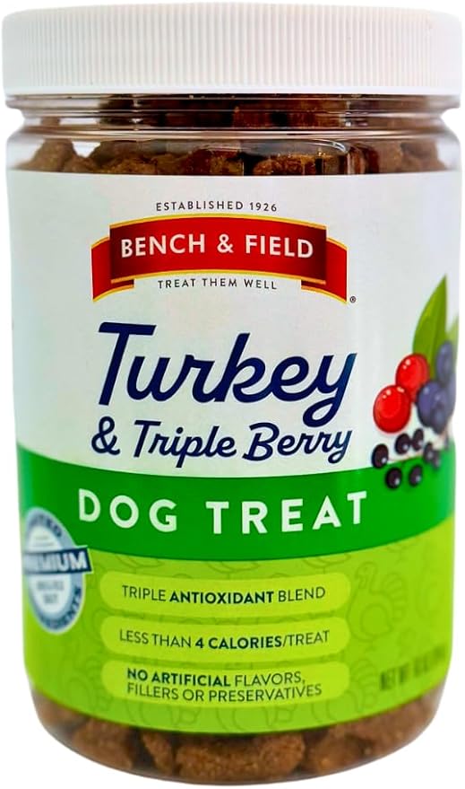 Bench &amp; Field Holistic Natural Turkey &amp; Triple Berry Dog Treats | Crunchy Bone-Shaped Bites | Antioxidant Blend, 10-Ounce Bottle