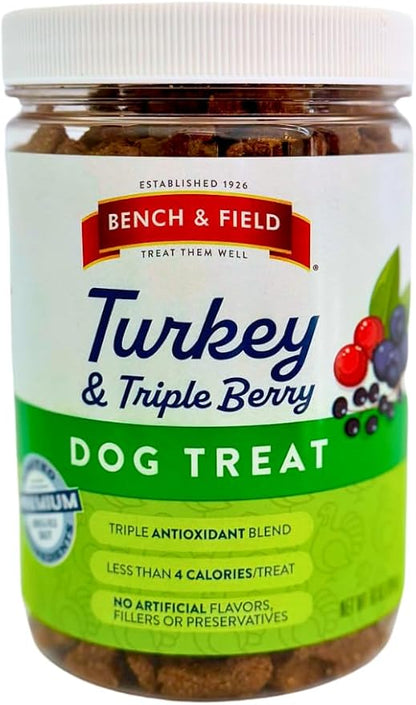 Bench &amp; Field Holistic Natural Turkey &amp; Triple Berry Dog Treats | Crunchy Bone-Shaped Bites | Antioxidant Blend, 10-Ounce Bottle