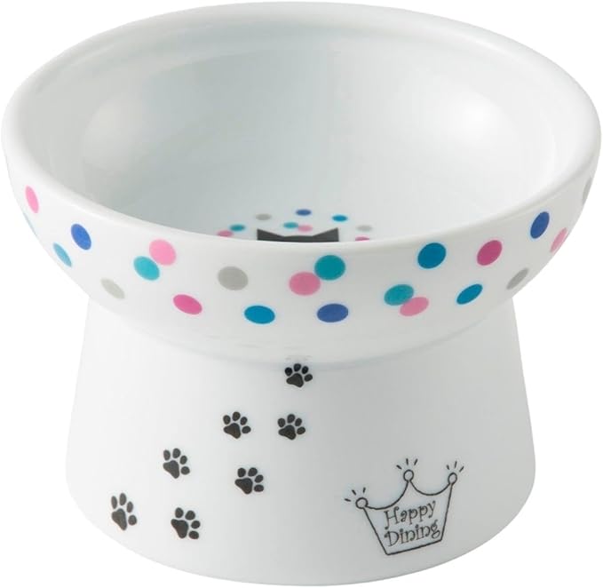 Necoichi Elevated Cat Food Bowl Prevent Neck &amp; Whisker Fatigue, Dishwasher and Microwave Safe, No.1 Seller in Japan! (Colorful Dots, Regular)