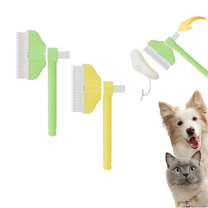 360° Press and Rotate Flea Comb for Cats and Dogs - Self-Cleaning Pet Hair Removal Tool with Release Button &amp; Long-Short Stainless Steel Teeth for Shedding (Green and Yellow)